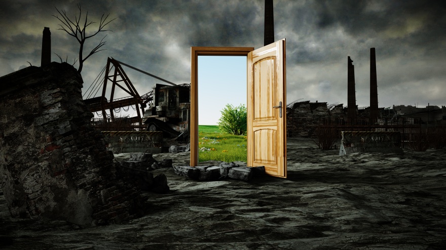 opened door. A portal between nature and ecological catastrophe, apocalypse. 3d rendering.