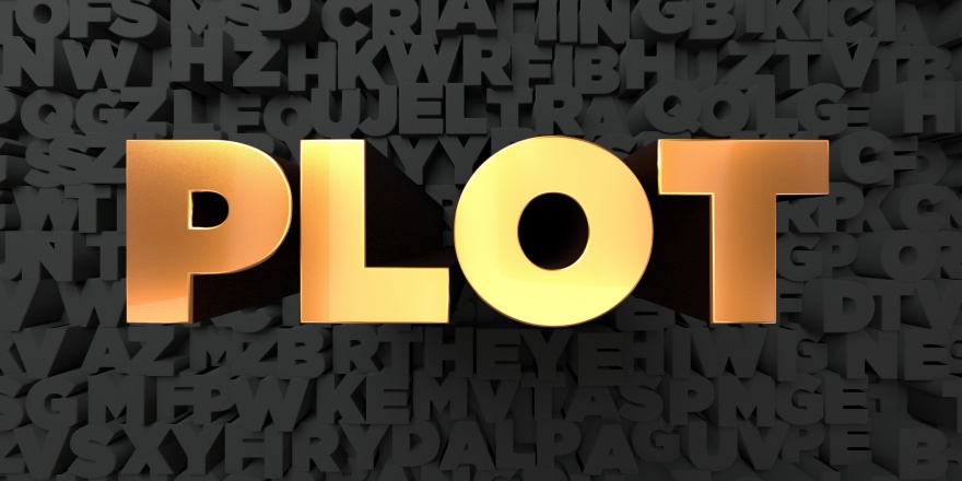 Plot - Gold text on black background - 3D rendered stock picture.