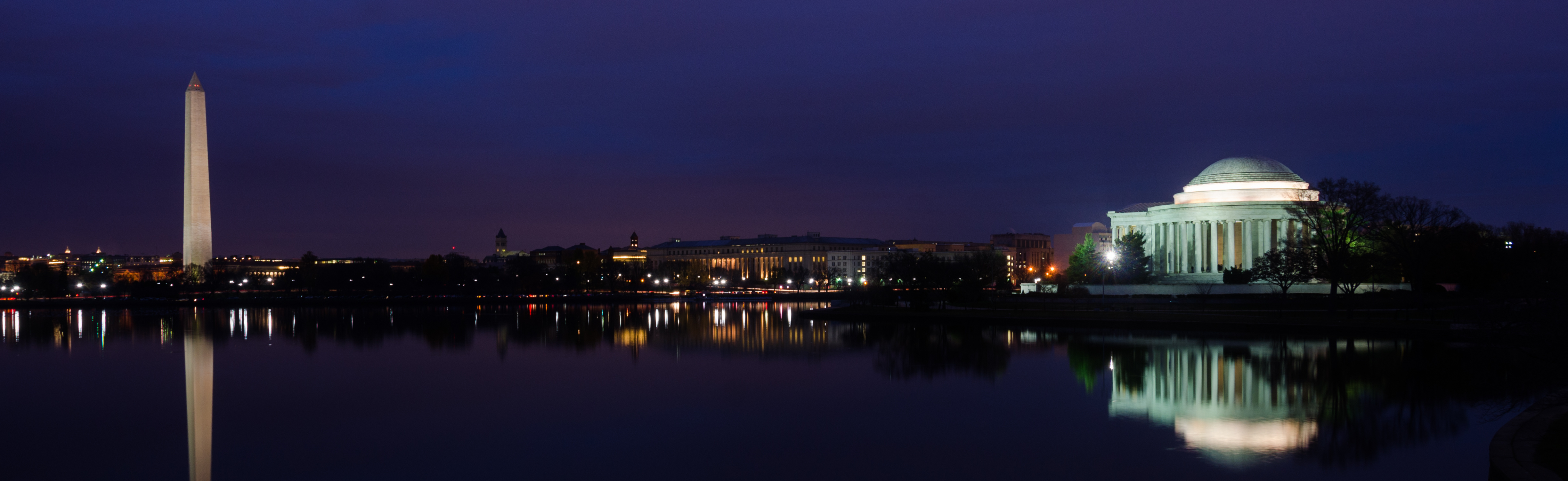 Washington DC National Mall, including Washington Monument and Thomas Jefferson Memorial with mirror reflections on water