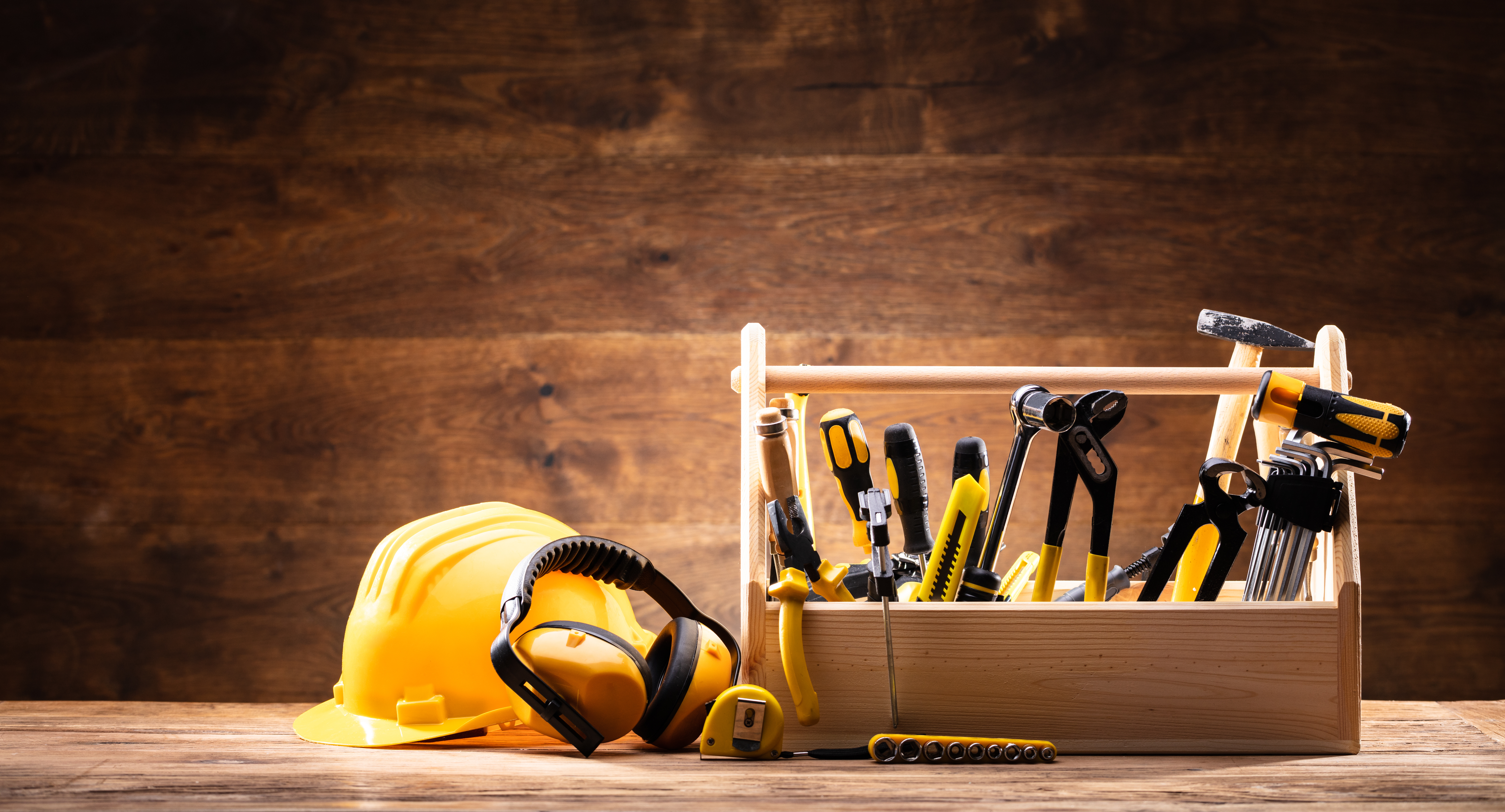 Safety Equipment Near Toolbox With Various Worktools