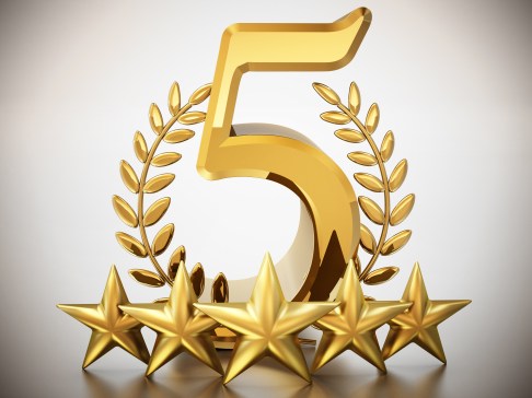 Number 5, stars and laurels isolated on white background. 3D illustration